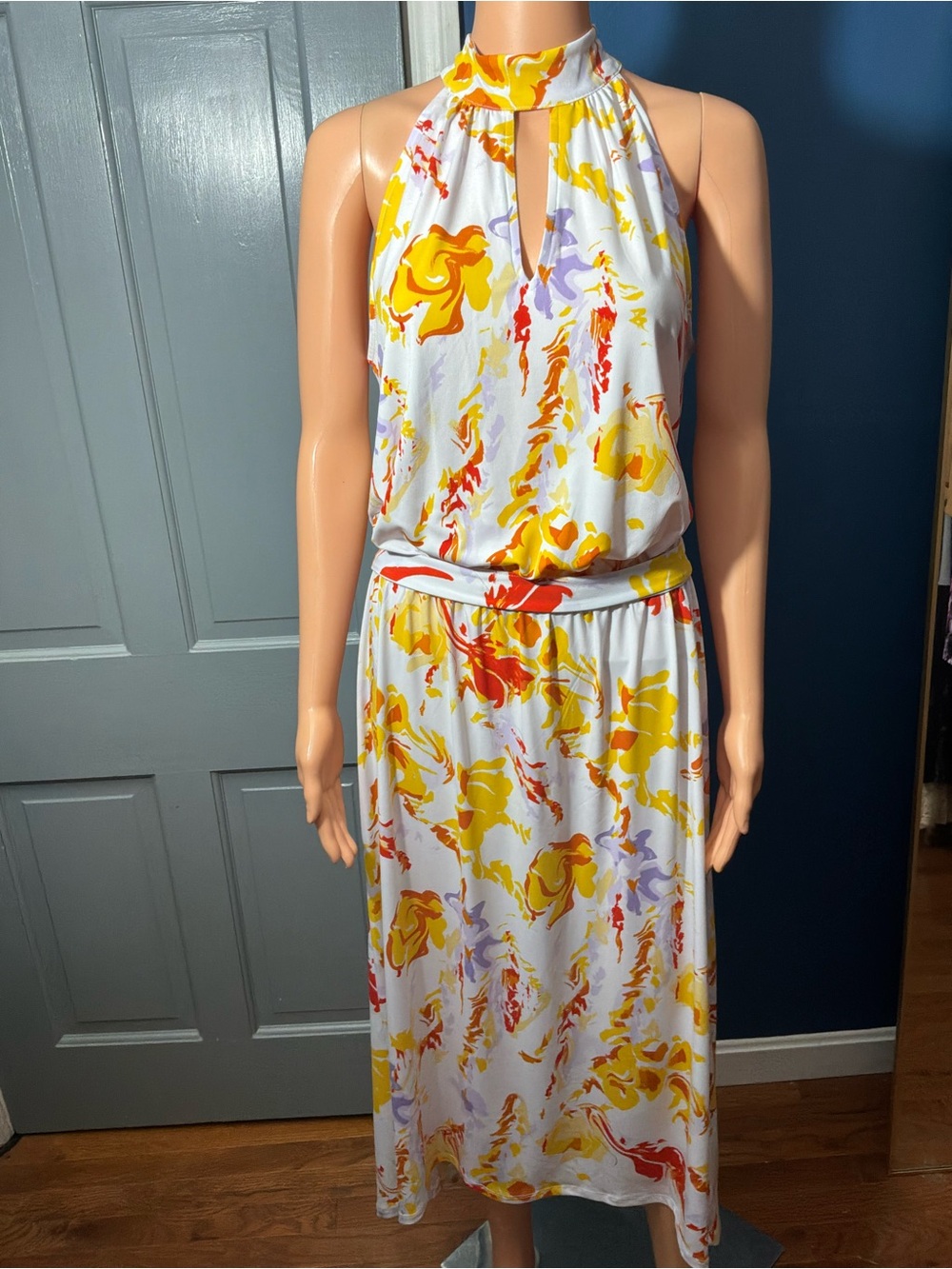 The Limited White Halter Midi Dress with Yellow and Orange Floral Print